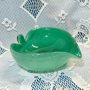 Murano Pulegoso Green Leaf Glass Bowl Table Art Sculpture 7" x 6" x 2 1/2" Italy